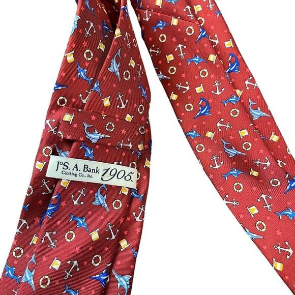 Jos A Bank Joseph 1905 Red Nautical Blue Marlin Mens 100% Silk Necktie Neck Tie - Picture 8 of 16